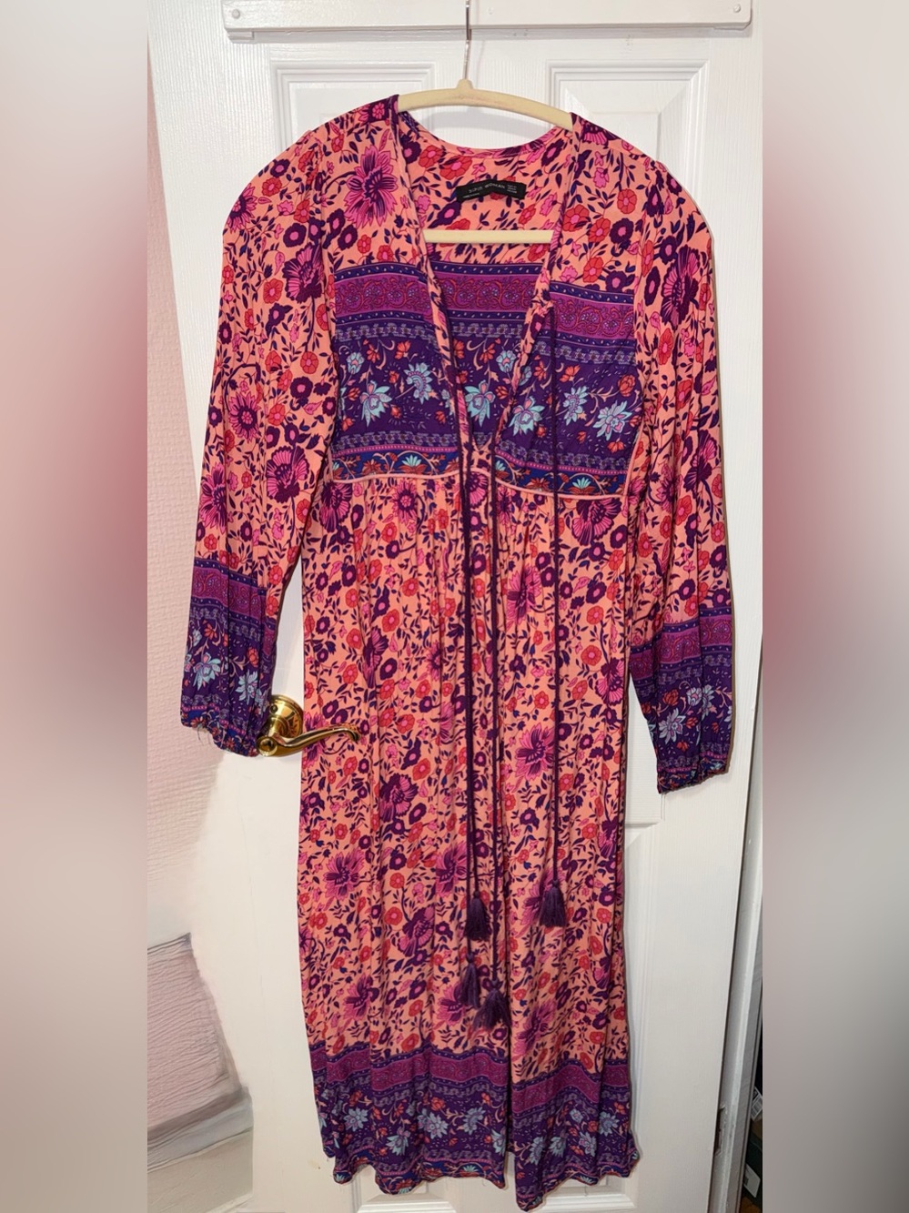Boho maxi dress pink purple tassels medium